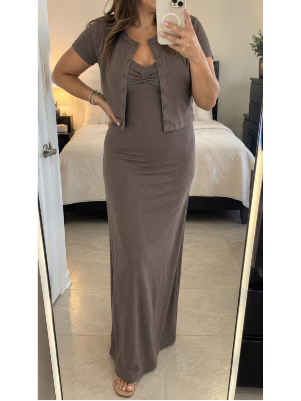 Wild Fable Brown Ribbed Maxi Dress with Cropped Cardigan Set NWT